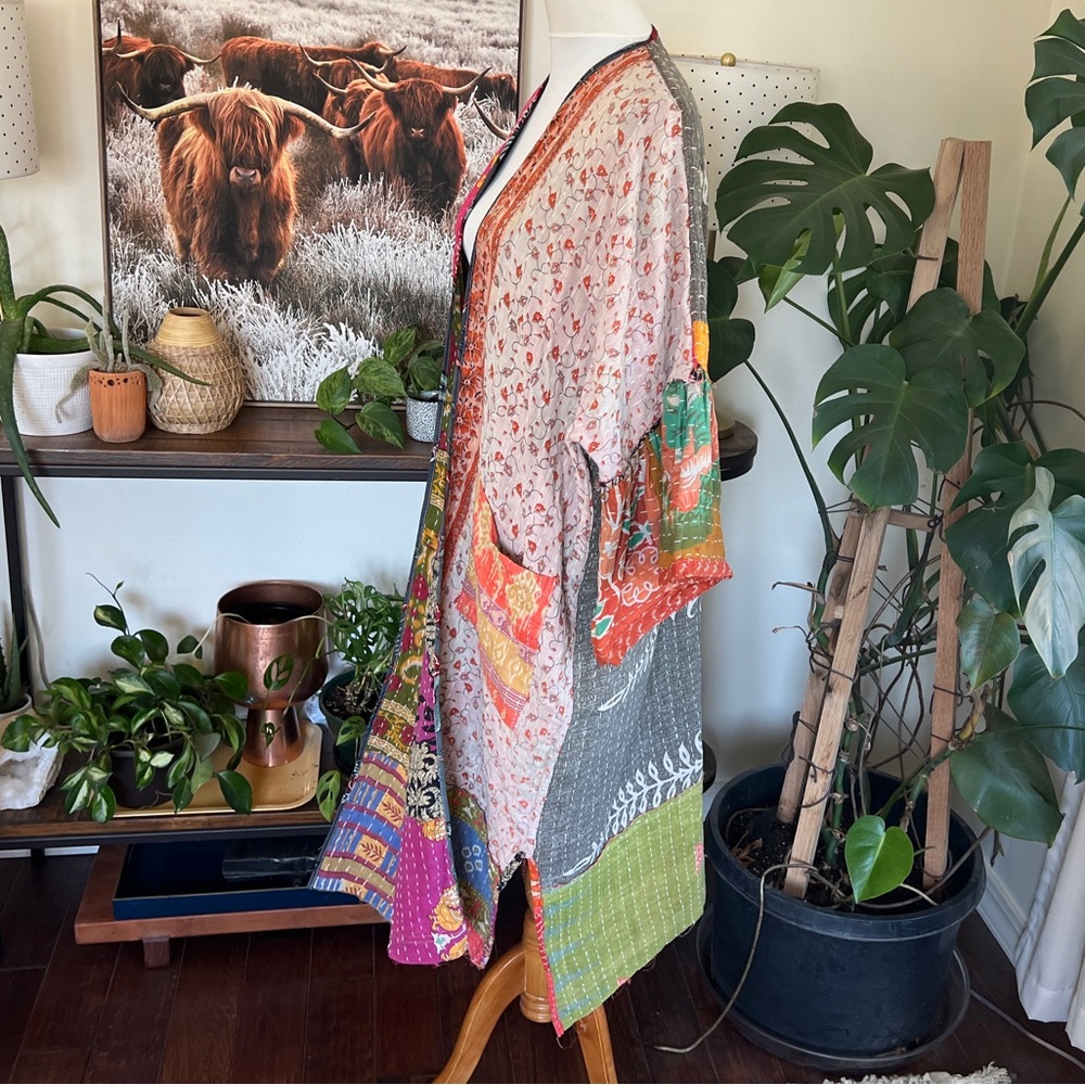 Kantha India Sari Colorful Bell Sleeve Kimono Robe OS NWOT - Picture 9 of 16